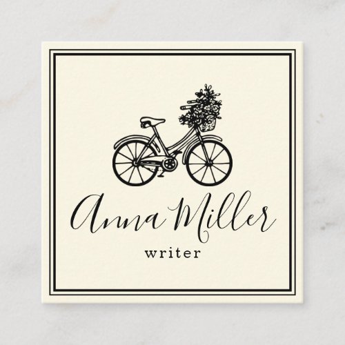 Vintage Black Bicycle Flowers Writer Beige Retro Square Business Card