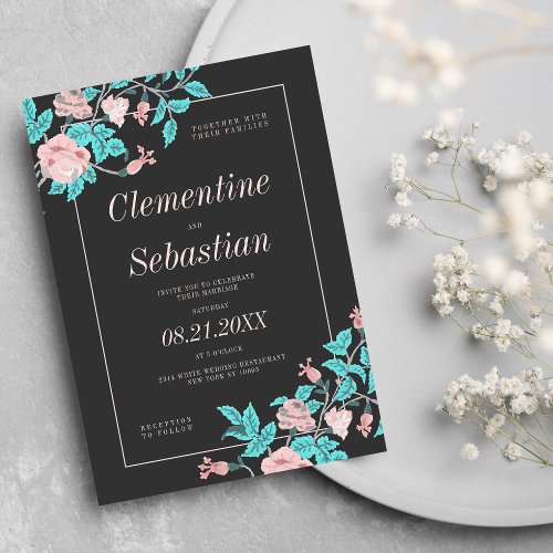 Vintage black blush pink aqua blue floral wedding invitation