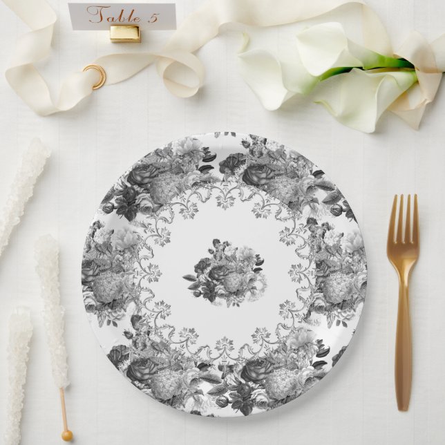 Vintage Black Botanical Wedding / Anniversary  Paper Plates (Wedding)