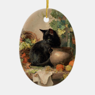 Vintage Black Cat Amid Autumn Fruits Ceramic Ornament