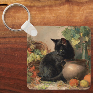 Vintage Black Cat Amid Autumn Fruits Keychain