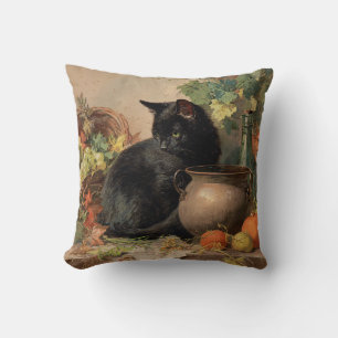 Vintage Black Cat Amid Autumn Fruits Throw Pillow