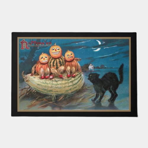 Vintage Black Cat and Funny Pumpkin People Doormat