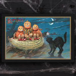 Vintage Black Cat and Funny Pumpkin People Tissue Paper<br><div class="desc">Scary black cat under crescent moon hissing at three funny pumpkin people sitting atop large squash with "Hallowe'en" in red text. Background color is editable. Suitable for decoupage or Fall crafting projects.</div>