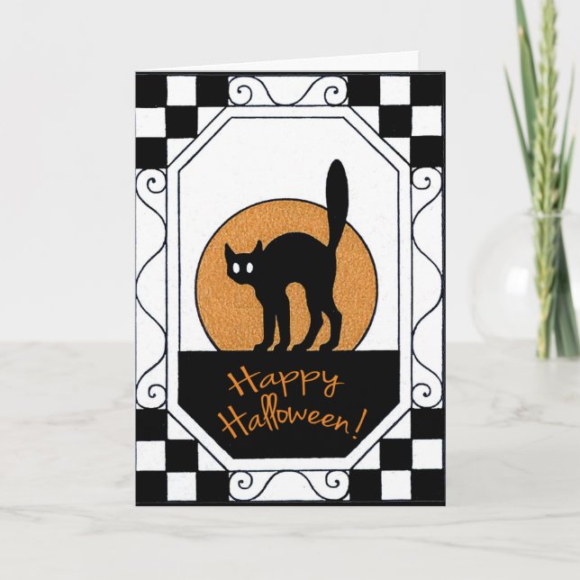 Vintage Black Cat and Moon Halloween Card (Front)