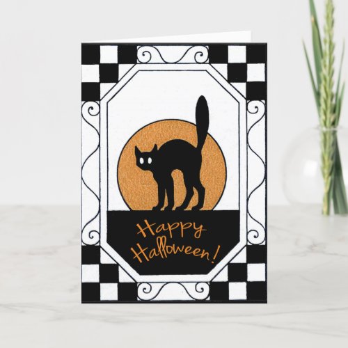 Vintage Black Cat and Moon Halloween Card