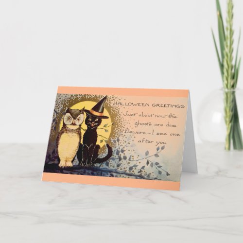Vintage Black Cat and Owl Halloween Greeting Card