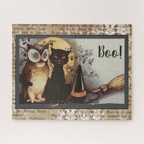 Vintage Black Cat and Owl Halloween Jigsaw Puzzle