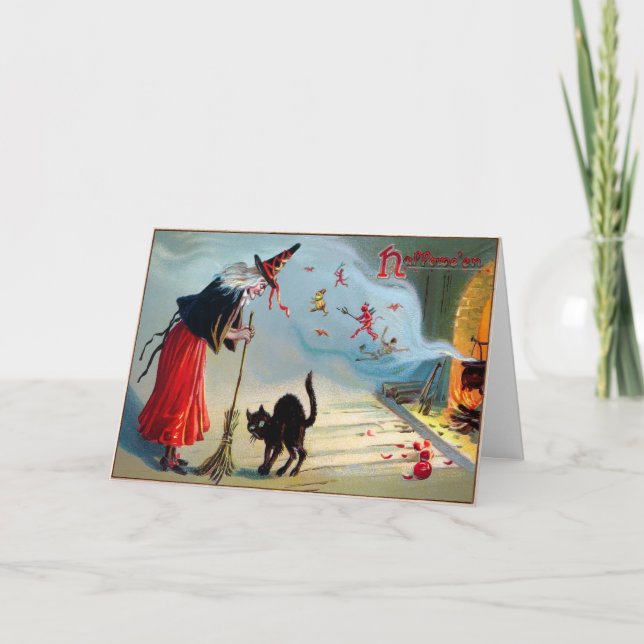 Vintage Black Cat and Witch Halloween Card   (Front)