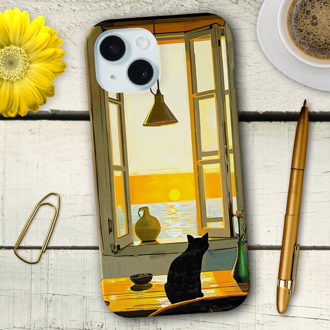 Vintage Black Cat Art Phone Case (Phone case featuring a vintage painting of a black cat looking at a sunset over the ocean)