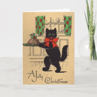 Vintage Black Cat Christmas Greeting Card