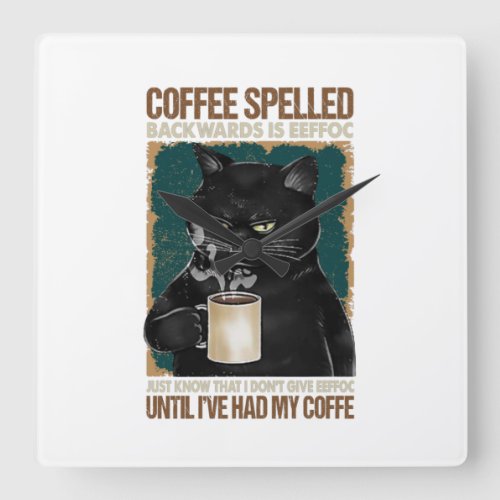 Vintage Black Cat Coffee Spelled Backwards Square Wall Clock