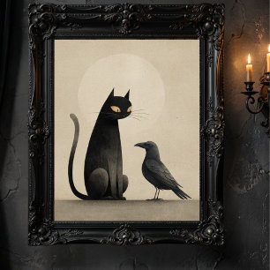 Vintage Black Cat Crow Scary Halloween Gothic Poster