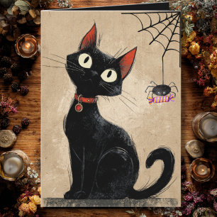 Vintage Black Cat Cute Spider Gothic Halloween Card
