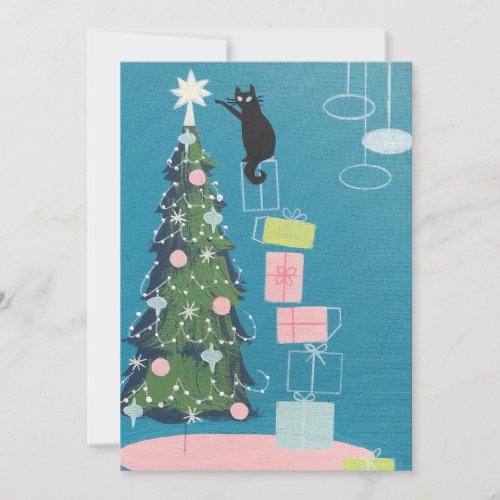 Vintage Black Cat Decorating Christmas Tree Holiday Card