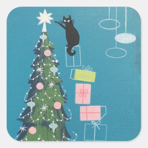 Vintage Black Cat Decorating Christmas Tree Square Sticker