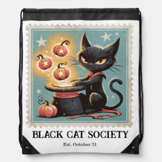 Vintage Black Cat Halloween Drawstring Bag