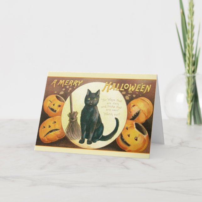 Vintage Black Cat Halloween Greeting Card (Front)