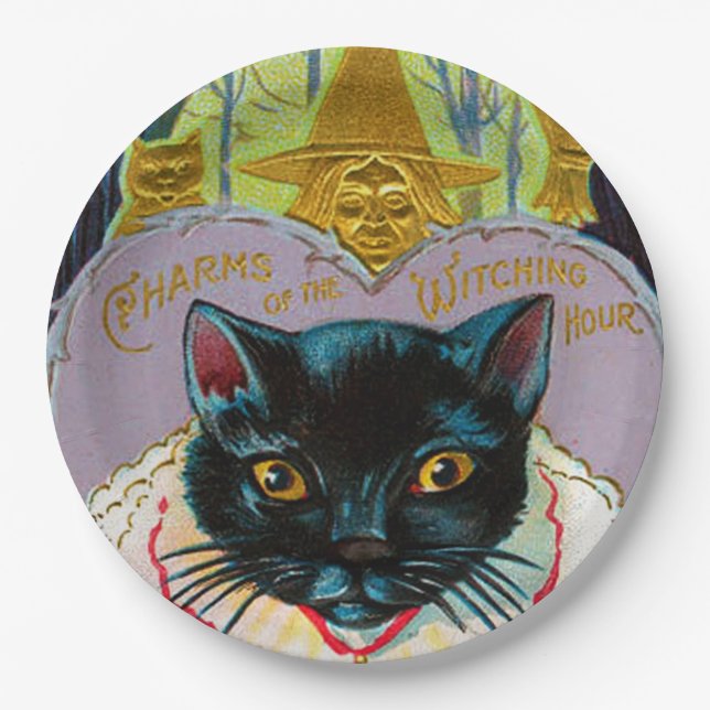 vintage black cat Halloween party Paper Plates (Front)