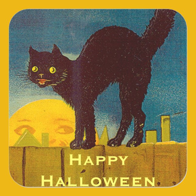 Vintage Black Cat Halloween Square Sticker (Creator Uploaded)