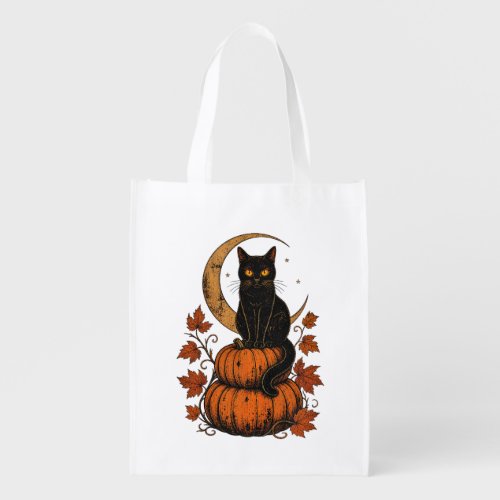 Vintage Black Cat Halloween T-Shirt | Spooky Pumpk Grocery Bag