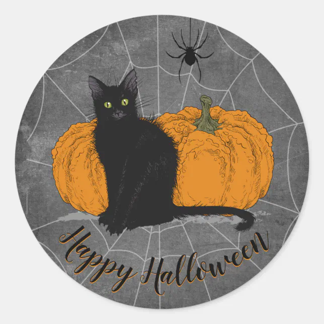 Vintage Black Cat Happy Halloween Classic Round Sticker | Zazzle