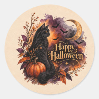 Vintage Black Cat Happy Halloween Watercolor Round Classic Round Sticker