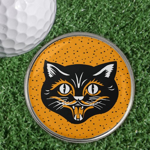 Vintage Black Cat Head Smiling Face Orange Stars Golf Ball Marker