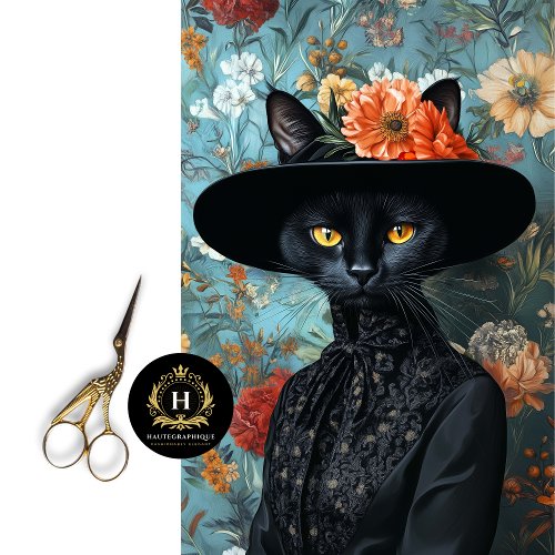 Vintage Black Cat in Black Dress Decoupage Tissue Paper
