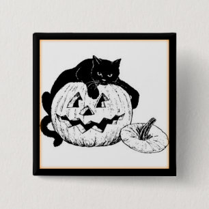 Vintage Black Cat & Jack O' Lantern Halloween Pinback Button