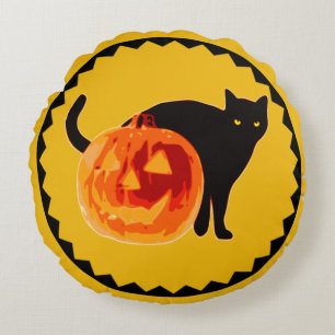 Vintage Black Cat & Jack-O'-Lantern Round Pillow