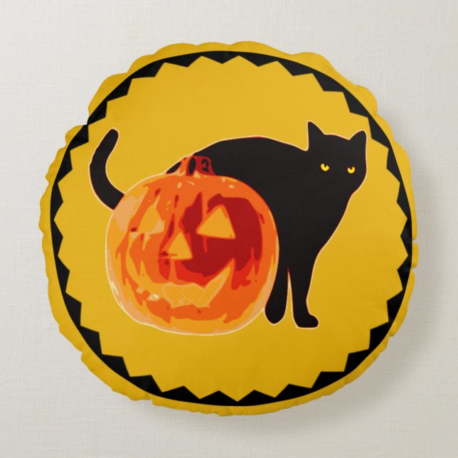 Vintage Black Cat & Jack-O'-Lantern Round Pillow (Front)