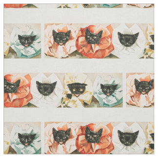 Vintage black cat kittens pink Halloween cats Fabric