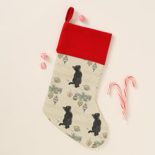Vintage Black Cat Looking At Ornaments Christmas Stocking