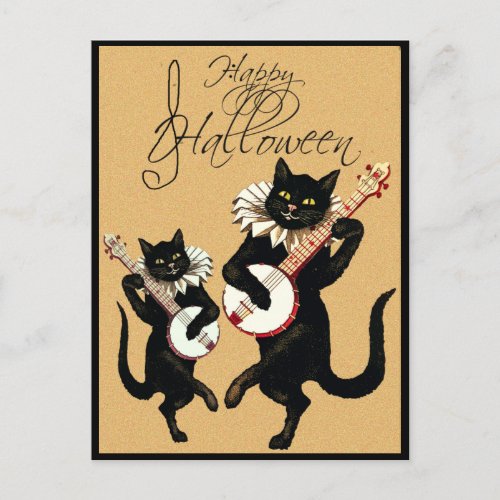 Vintage Black Cat Music with Banjo Happy Halloween Postcard
