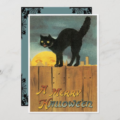 Vintage Black Cat On A Fence Halloween Invitation