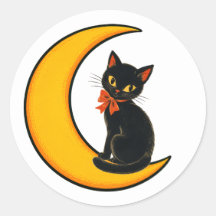 Vintage Black Cat on Crescent Moon Halloween