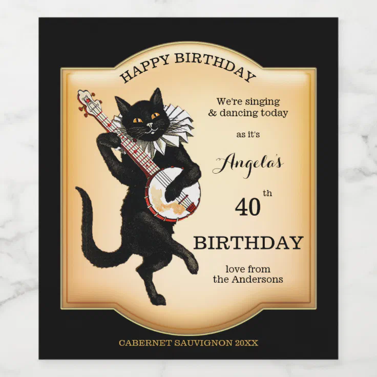 Vintage Black Cat Personalized Wine Label