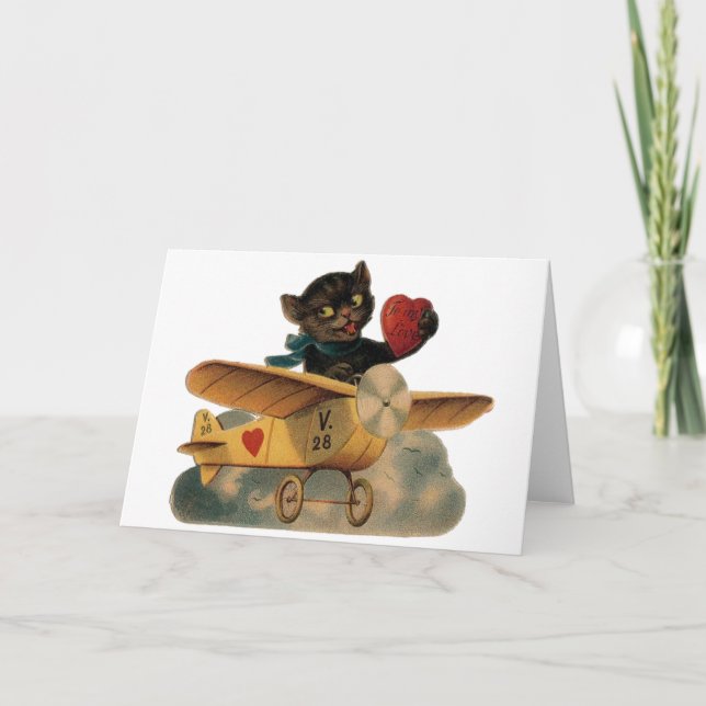 Vintage Black Cat Pilot Valentine's Day Card (Front)