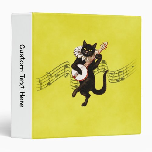 Vintage Black Cat Playing Banjo Music on Yellow 3 Ring Binder