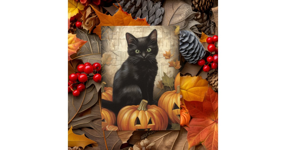 Vintage Black Cat Pumpkin Decoupage Postcard | Zazzle