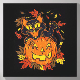 Vintage Black Cat Pumpkin Halloween Spooky Autumn Canvas Photo Tile