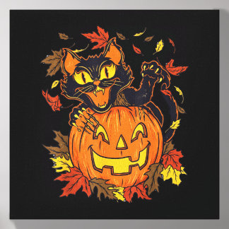 Vintage Black Cat Pumpkin Halloween Spooky Autumn Canvas Photo Tile