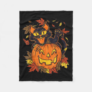 Vintage Black Cat Pumpkin Halloween Spooky Autumn Fleece Blanket