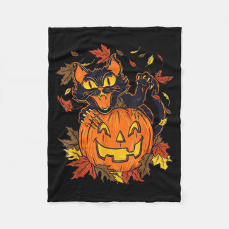 Vintage Black Cat Pumpkin Halloween Spooky Autumn Fleece Blanket