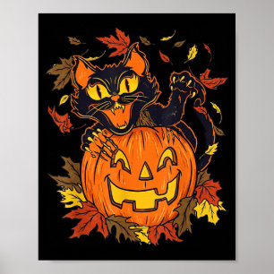 Vintage Black Cat Pumpkin Halloween Spooky Autumn Poster
