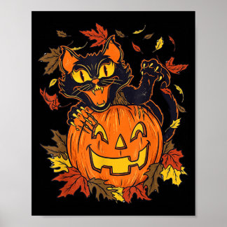 Vintage Black Cat Pumpkin Halloween Spooky Autumn Poster