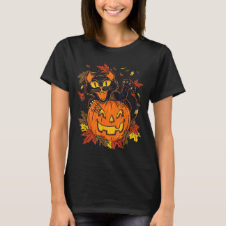 Vintage Black Cat Pumpkin Halloween Spooky Autumn T-Shirt