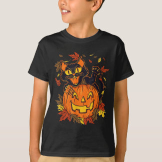 Vintage Black Cat Pumpkin Halloween Spooky Autumn T-Shirt
