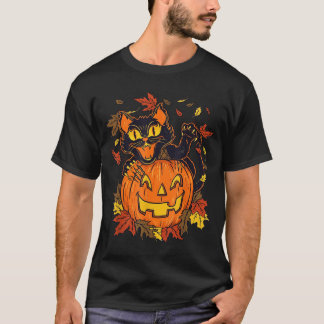 Vintage Black Cat Pumpkin Halloween Spooky Autumn T-Shirt